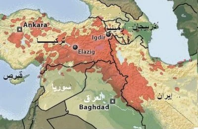 خريطة تظهر مناطق دعم السكان لحزب العمال الكردستاني خريطة تظهر مناطق دعم السكان لحزب العمال الكردستاني