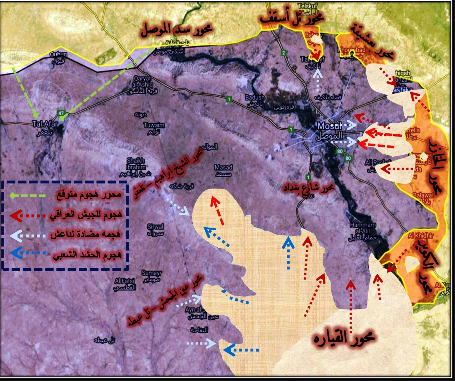 خارطة ميدانية حول محاور الهجوم (إعداد محمد منصور) خارطة ميدانية حول محاور الهجوم (إعداد محمد منصور)