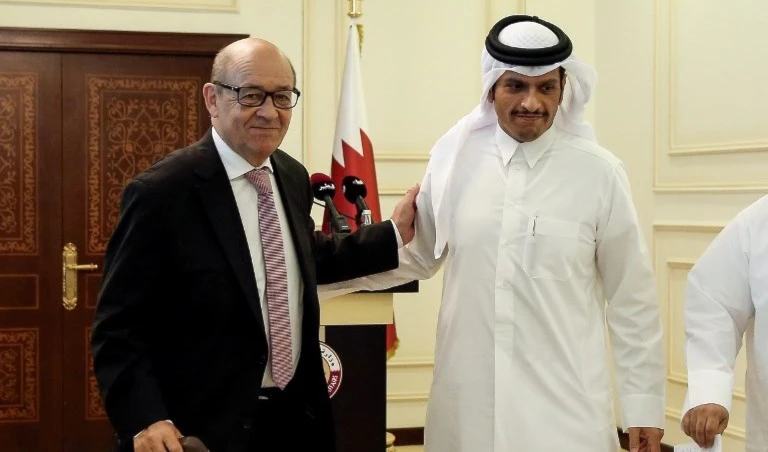 وزير الخارجية الفرنسي خلال لقائه نظيره القطري (أ ف ب) وزير الخارجية الفرنسي خلال لقائه نظيره القطري (أ ف ب)