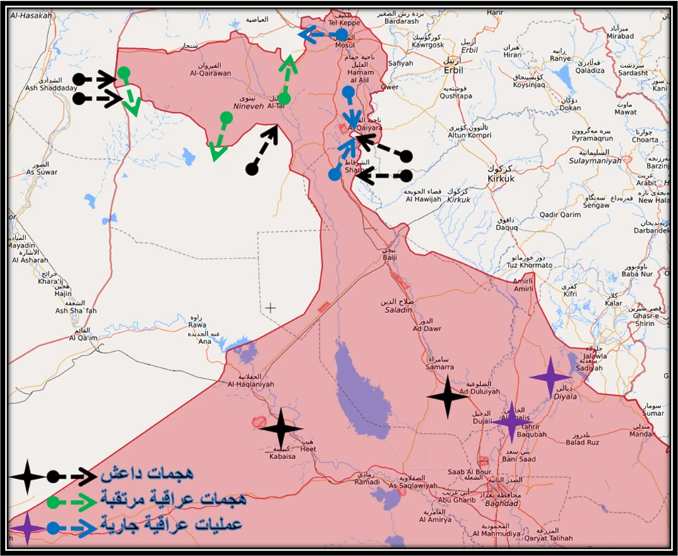 خارطة تظهر مناطق سيطرة القوات العراقية (بالأحمر) ومناطق سيطرة داعش بالقرب من الحدود السورية خارطة تظهر مناطق سيطرة القوات العراقية (بالأحمر) ومناطق سيطرة داعش بالقرب من الحدود السورية