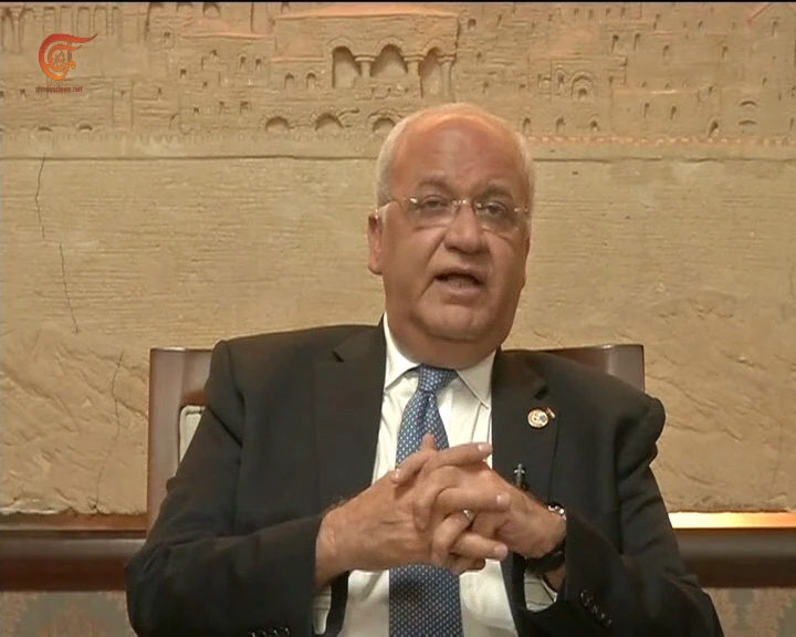 أمين سر اللجنة التنفيذية لمنظمة التحرير الفلسطينية صائب عريقات خلال مقابلة مع برنامج المشهدية على الميادين أمين سر اللجنة التنفيذية لمنظمة التحرير الفلسطينية صائب عريقات خلال مقابلة مع برنامج المشهدية على الميادين